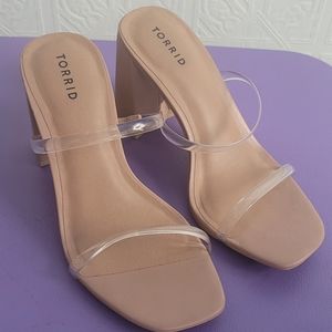 Block tan clear heels
